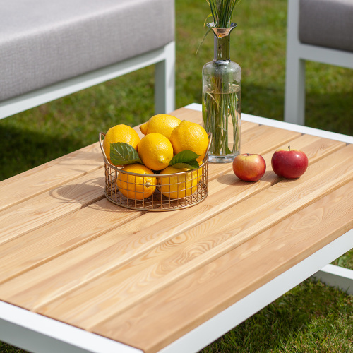 Cтол уличный журнальный SANTORINI, алюминий белый, дерево, 108,5*65*36,5 фото 3