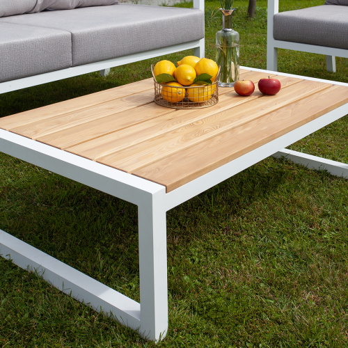 Cтол уличный журнальный SANTORINI, алюминий белый, дерево, 108,5*65*36,5 фото 2