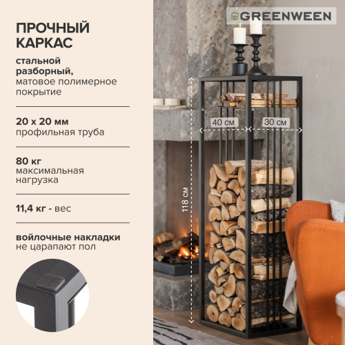 Дровница CAPRI MINI с полкой, черная, столешница металл, 40*30*118 фото 4