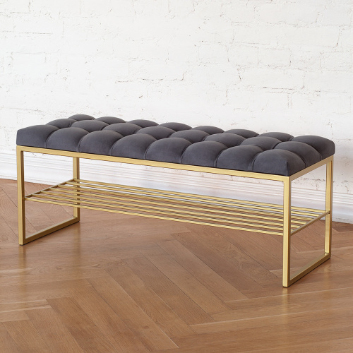 Банкетка RUBY, золотая, обивка Mouse Grey, каретная стяжка, 110*40*45 фото 2