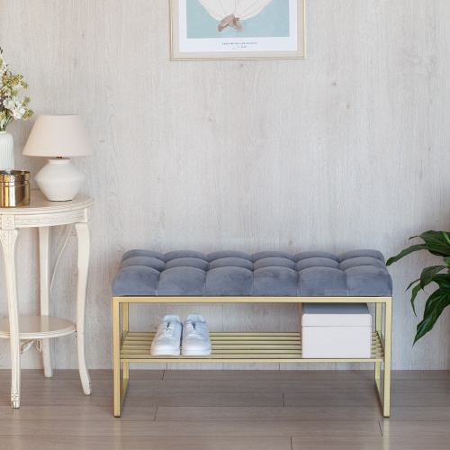 Банкетка RUBY MINI, золотая, Light Blue, каретная стяжка, 85*40*45 фото 3