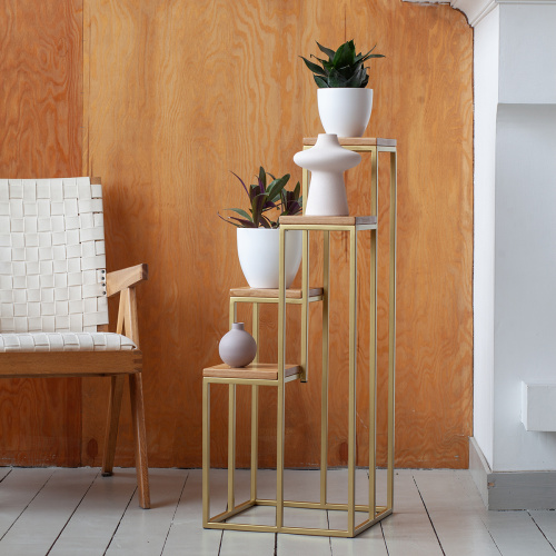 Столик подставка для цветов TORI, под 4 кашпо, золотой, столешницы дуб, 40*40*100 фото 3