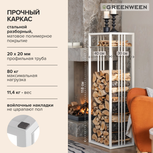 Дровница CAPRI MINI с полкой, белая, столешница металл, 40*30*118 фото 4