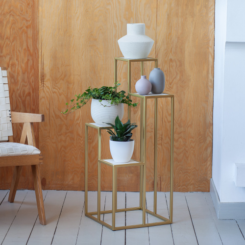 Столик подставка для цветов TORI, под 4 кашпо, золотой, столешницы керамика Ivory, 40*40*100