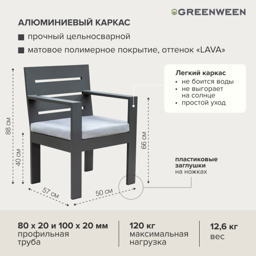 Набор садовый обеденный KORFU / 7 предметов: стол 180*87, 4 стула без и 2 с подлокотниками / каркас алюминий цвет LAVA, светло-серый текстиль фото 13