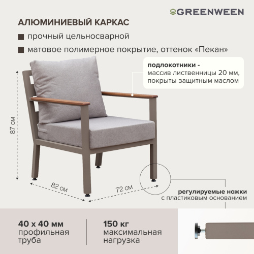 Кресло уличное SANTORINI, алюминий цвет PECAN, подушки рогожка BAHAMA ASH, дерево фото 9