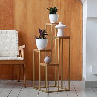 Столик подставка для цветов TORI, под 4 кашпо, золотой, столешницы дуб, 40*40*100