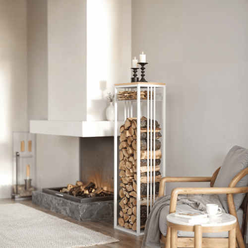 Дровница CAPRI с полкой, белая, столешница дерево, 40*30*136 фото 3