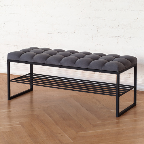 Банкетка RUBY, черная, обивка Mouse Grey, каретная стяжка, 110*40*45 фото 2