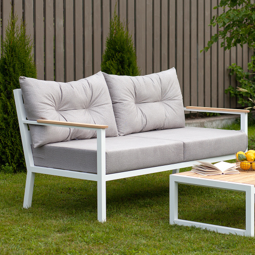 Диван уличный SANTORINI, алюминий белый, светло-серая рогожка, дерево фото 2