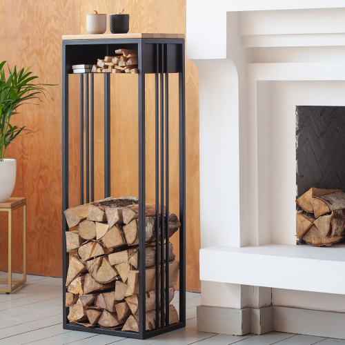 Дровница SOHO с полкой, черная, столешница дерево, 40*30*120 фото 5