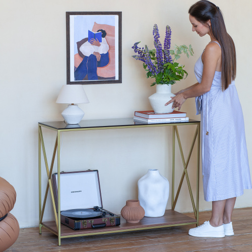 Консоль GARDA, золотая, столешница стекло, полка ЛДСП Орех, 110*40*82 фото 3