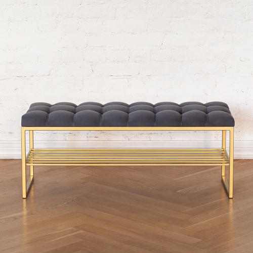 Банкетка RUBY, золотая, обивка Mouse Grey, каретная стяжка, 110*40*45