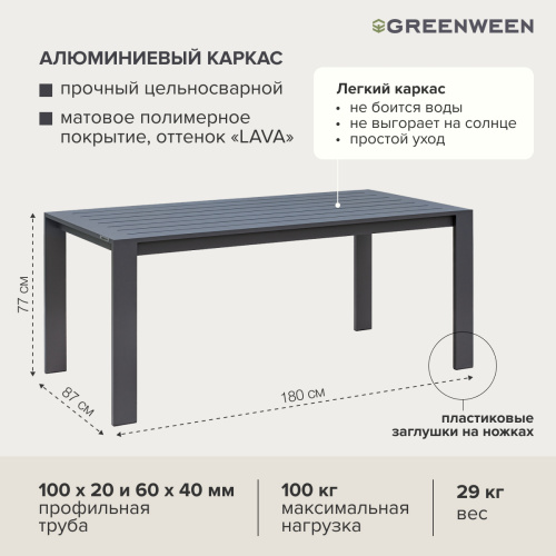 Набор садовый обеденный KORFU / 7 предметов: стол 180*87, 4 стула без и 2 с подлокотниками / каркас алюминий цвет LAVA, светло-серый текстиль фото 10