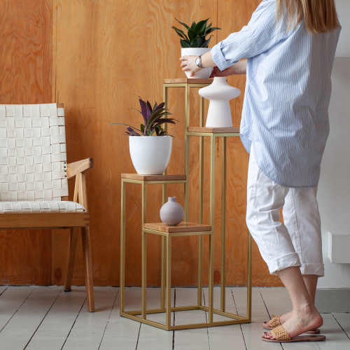Столик подставка для цветов TORI, под 4 кашпо, золотой, столешницы дуб, 40*40*100 фото 2