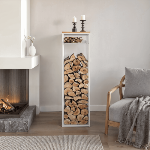 Дровница CAPRI с полкой, белая, столешница дерево, 40*30*136 фото 2