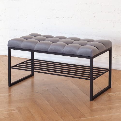 Банкетка RUBY MINI, черная, обивка Mouse Grey, каретная стяжка, 85*40*45 фото 2