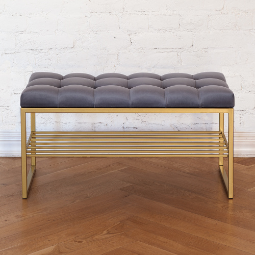 Банкетка RUBY MINI, золотая, обивка Mouse Grey, каретная стяжка, 85*40*45