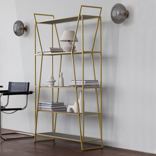 Стеллаж OSLO, золотой, ЛДСП Бетон темный, 100*33*171 фото 2