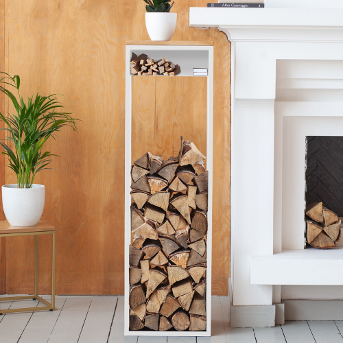 Дровница SOHO MAX с полкой, белая, столешница дерево, 40*30*136