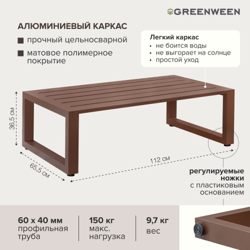 Набор садовой мебели CAPRI / 4 предмета: 2 кресла, столик, пуф / коричневый алюминиевый каркас, коричневый текстиль фото 12