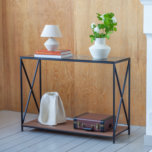 Консоль GARDA, черная, столешница стекло, полка ЛДСП Орех, 110*40*82