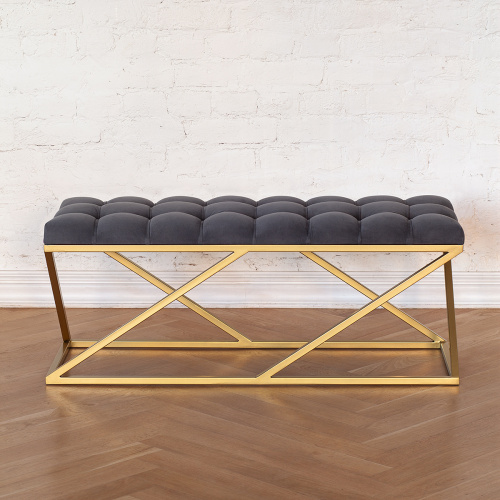 Банкетка ZUMA, золотая, обивка Mouse Grey, каретная стяжка, 110*40*45