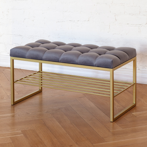 Банкетка RUBY MINI, золотая, обивка Mouse Grey, каретная стяжка, 85*40*45 фото 2