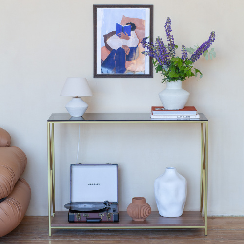 Консоль GARDA, золотая, столешница стекло, полка ЛДСП Орех, 110*40*82 фото 2