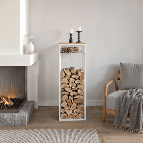 Дровница CAPRI MINI с полкой, белая, столешница дерево, 40*30*120 фото 2