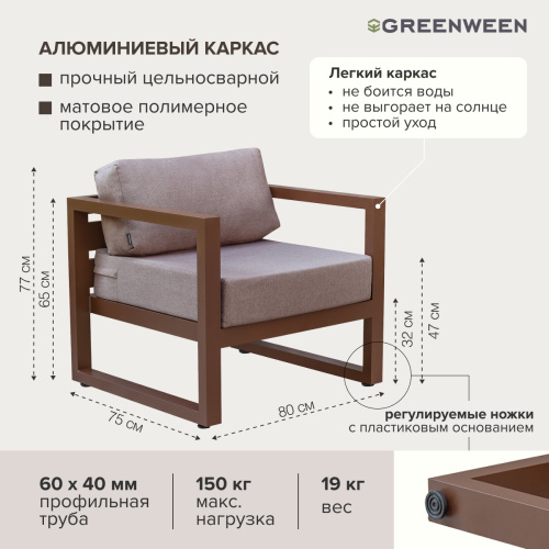 Набор садовой мебели CAPRI / 4 предмета: диван, 2 кресла, столик / коричневый алюминиевый каркас, коричневый текстиль фото 12